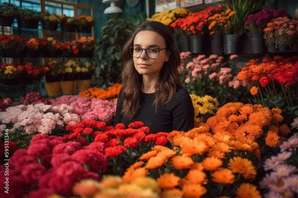 happy woman at work, working in the gardening with many different flowers in bright colors. Generative AI