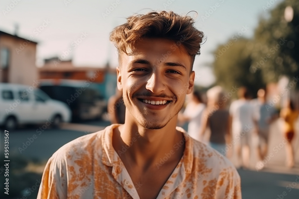 adult male outside in residential area in sunshine. Generative AI adult male outside in residential area in sunshine. Generative AI