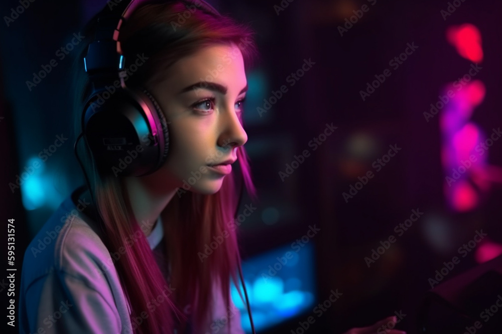 young woman is online, videos or live streaming, esports or entertainment videos, with headphones in the room at the computer screen in front of the camera. Generative AI young woman is online, videos or live streaming, esports or entertainment videos, with headphones in the room at the computer screen in front of the camera. Generative AI