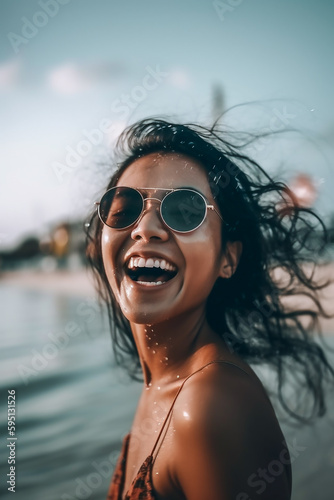Junge Frau hat sehr viel Spaß am Strand KI © KNOPP VISION