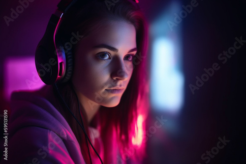 young woman is online, videos or live streaming, esports or entertainment videos, with headphones in the room at the computer screen in front of the camera. Generative AI