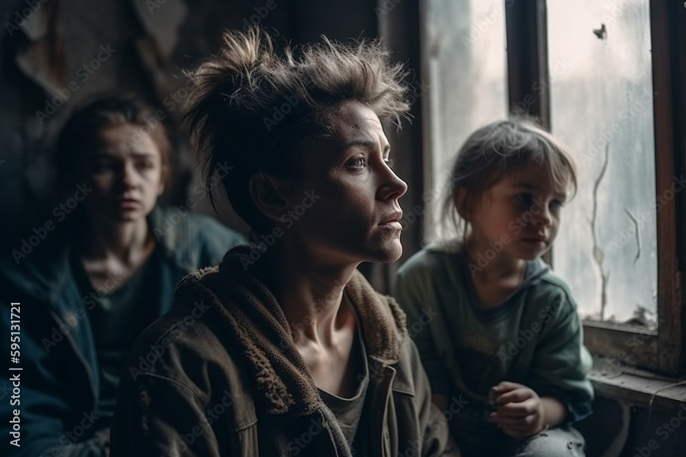 gloomy mood because of a fictitious problem, mother with her two children in the house at the window, sadness or worries. Generative AI gloomy mood because of a fictitious problem, mother with her two children in the house at the window, sadness or worries. Generative AI