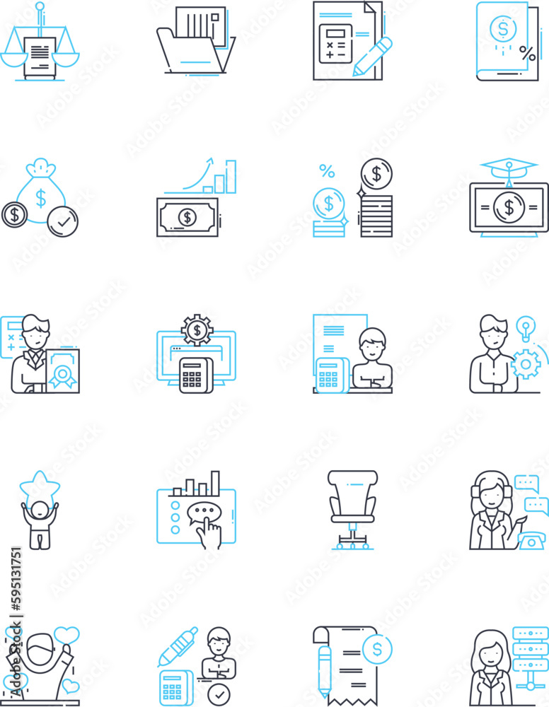 Finance and accounting linear icons set. Budgeting, Taxes, Auditing, Payroll, Investments, Assets, Liabilities line vector and concept signs. Debt,Cashflow,Profit outline illustrations