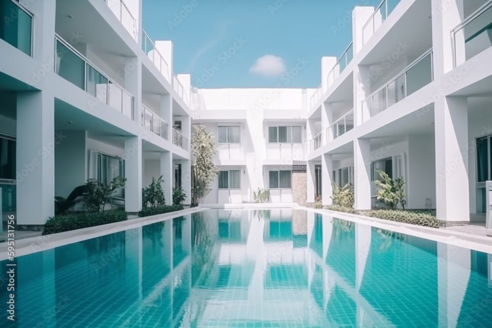 large hotel with swimming pool, hotel complex new building in white color with water in the swimming pool. Generative AI