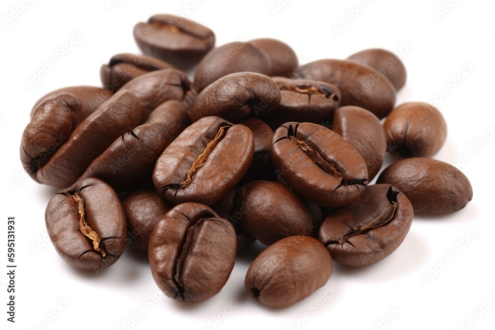 heap of roasted coffee beans on a plain white background. Generative AI heap of roasted coffee beans on a plain white background. Generative AI