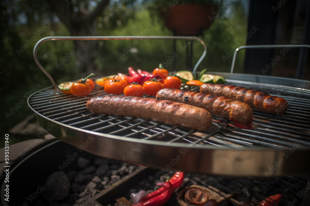 BBQ grill, grilling with sausages and more on the grill. Generative AI