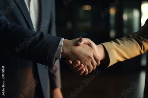 two businessmen shake hands, in suits. Generative AI