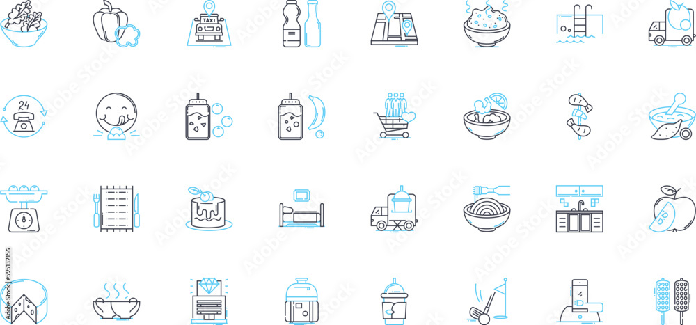 Buffet meals linear icons set. Feast, Spread, All-you-can-eat, Bountiful, Plentiful, Abundance, Buffet line vector and concept signs. Smorgasbord,Carnival,Gourmet outline illustrations Buffet meals linear icons set. Feast, Spread, All-you-can-eat, Bountiful, Plentiful, Abundance, Buffet line vector and concept signs. Smorgasbord,Carnival,Gourmet outline illustrations