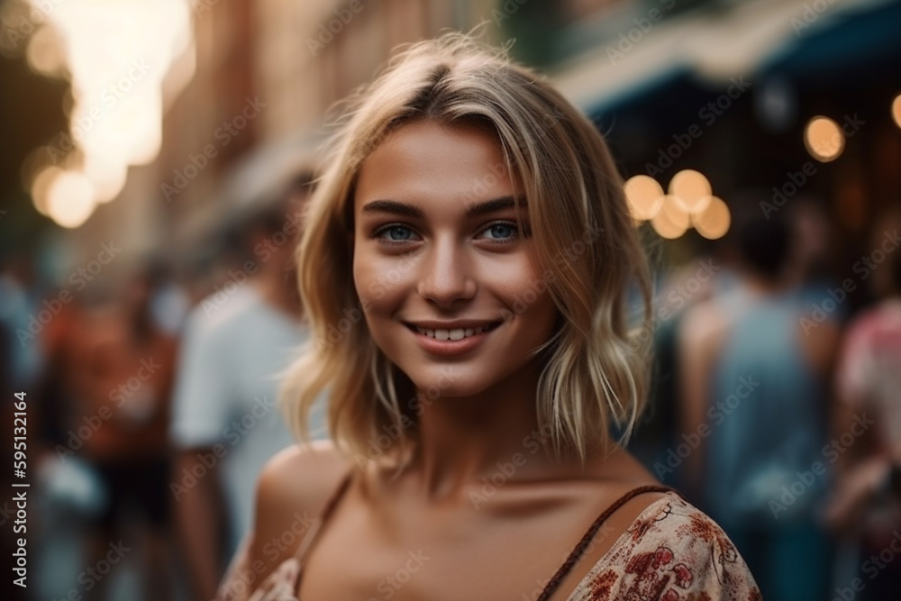 young adult woman, blonde, outdoors on a street with other people in the background, in fine summer or spring weather, leisure and city life. Generative AI