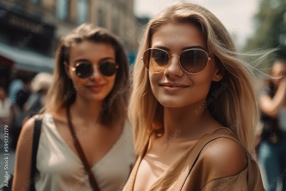 young adult woman, blonde, outdoors on a street with other people in the background, in fine summer or spring weather, leisure and city life. Generative AI