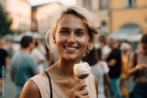 young adult woman, blonde, outdoors on a street with other people in the background, in fine summer or spring weather, leisure and city life. Generative AI #595132159
