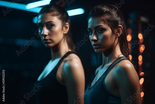 young women in sports outfit trains her body and muscles in studio. Generative AI © wetzkaz