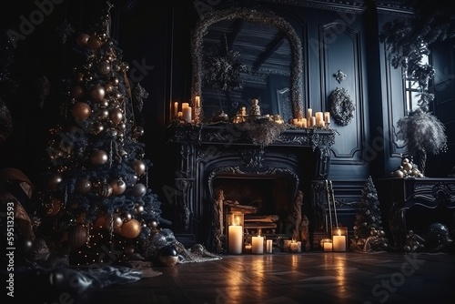 luxury interior, christmas tree, fireplace, generative AI