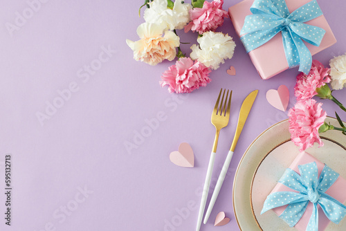 Positive vibes concept for Mother's Day. Top view photo of plate cutlery knife fork gift box pink white carnation flowers and paper hearts on lilac background. Flat lay with space for greeting