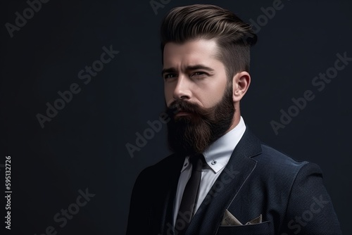 Photograph of businessman with beard and neat hair with dark background, copyspace cool 