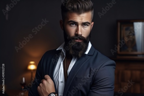 Photograph of businessman with beard looking at camera with dark background, copyspace