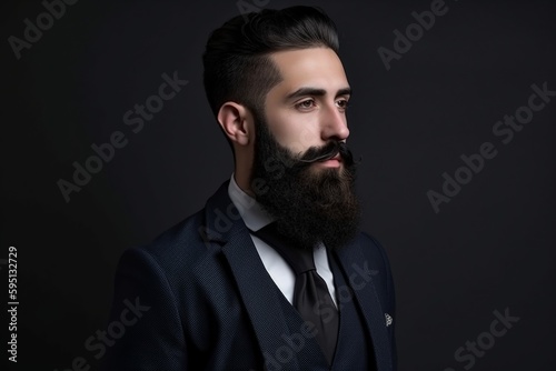 portrait of a young stylish bearded man in a suit and tie with dark background