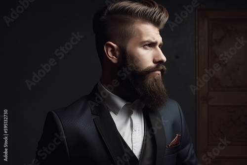 portrait of a stylish bearded man in suit with dark background, copyspace