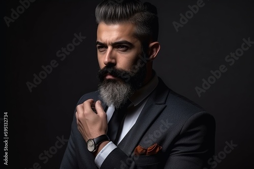portrait of a bearded businessman in a dark environment, copyspace