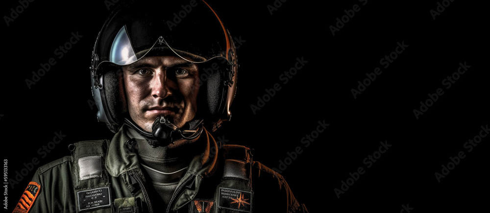 Portrait of fighter pilot wearing helmet on dark background with copy space, digital ai art