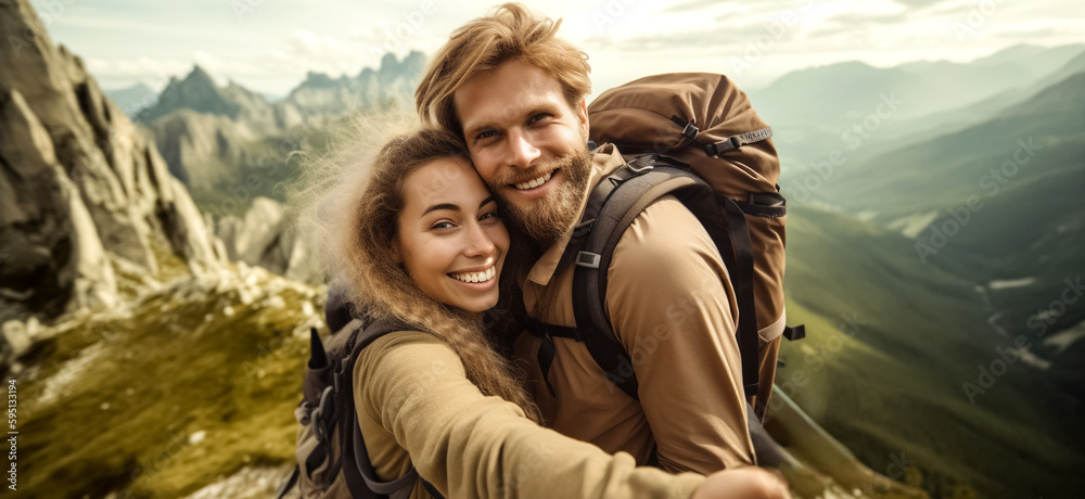 Happy hikers with backpacks taking selfie on the top of mountain. Smiling happy climbing tourists enjoying summer holidays. vacation and success sport concept, digital ai art