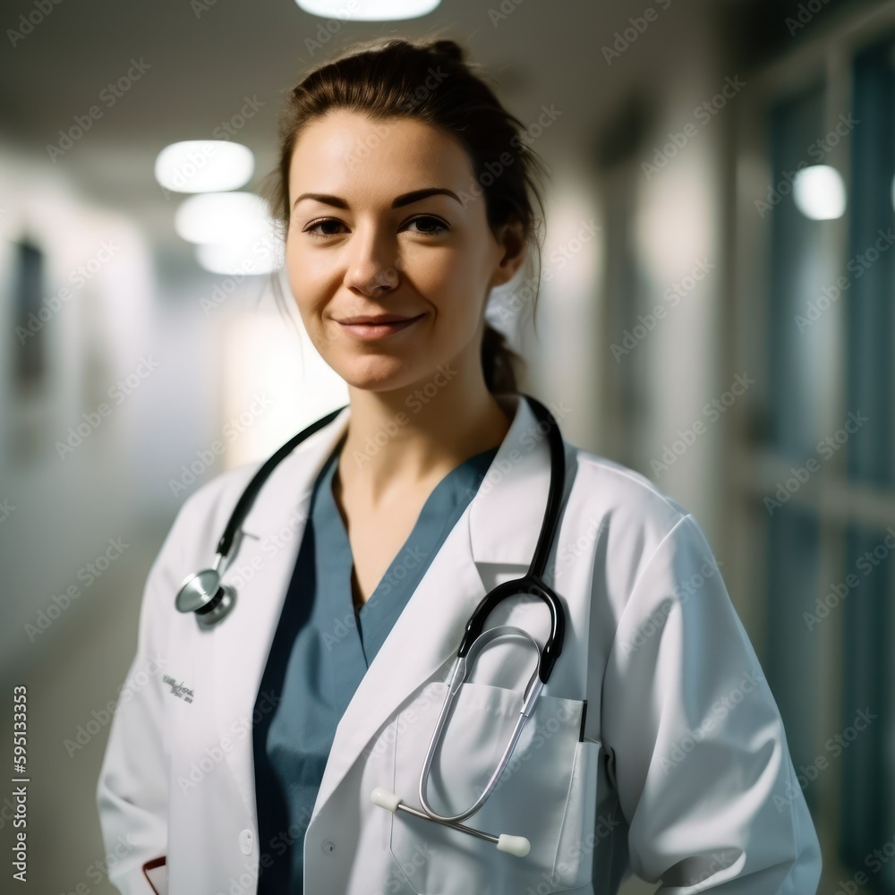 Female doctor in a white coat. Generative AI Female doctor in a white coat. Generative AI