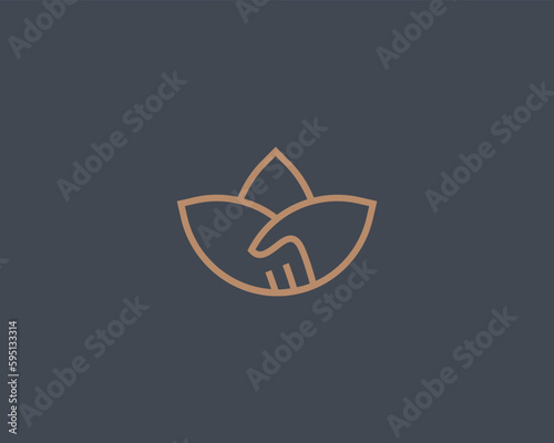 Abstract flower vector logo. Creative handshake sign. Corporate partnership symbol. Premium lotus beauty salon logotype. Vector illustration.