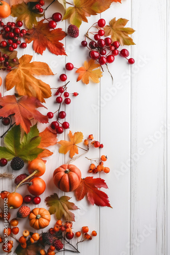 Generative ai. Festive autumn decor from pumpkins  berries and leaves on a white wooden background. Thanksgiving day or Halloween.