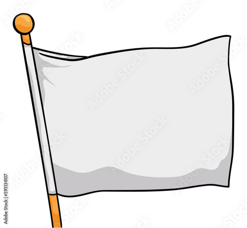 Waving white flag with golden handle in cartoon style, Vector illustration