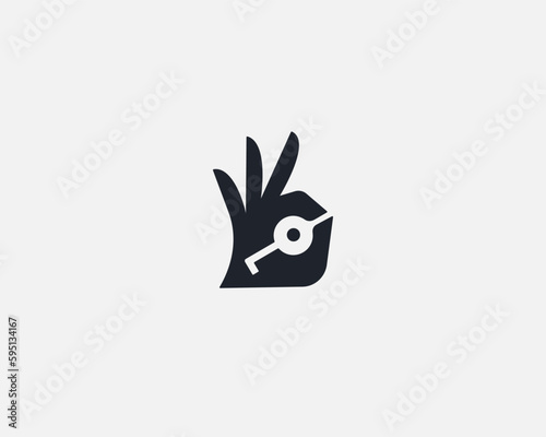 Fingers holding key logo. Creative ok sign. Universal deal property rent purchase sale of real estate concept. Vector illustration.