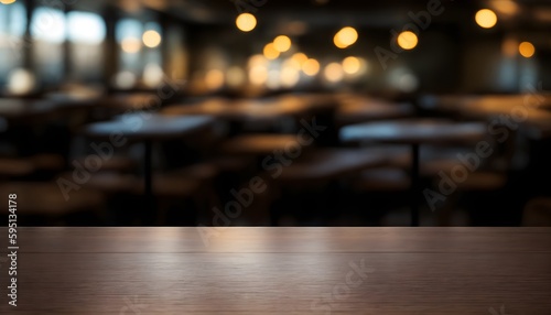 Empty wooden bar table with blurred background, beautiful shelves in bokeh style with bottles of alcohol in the background. Can be used for mounting or demonstrating your products. Bar concept. Ai