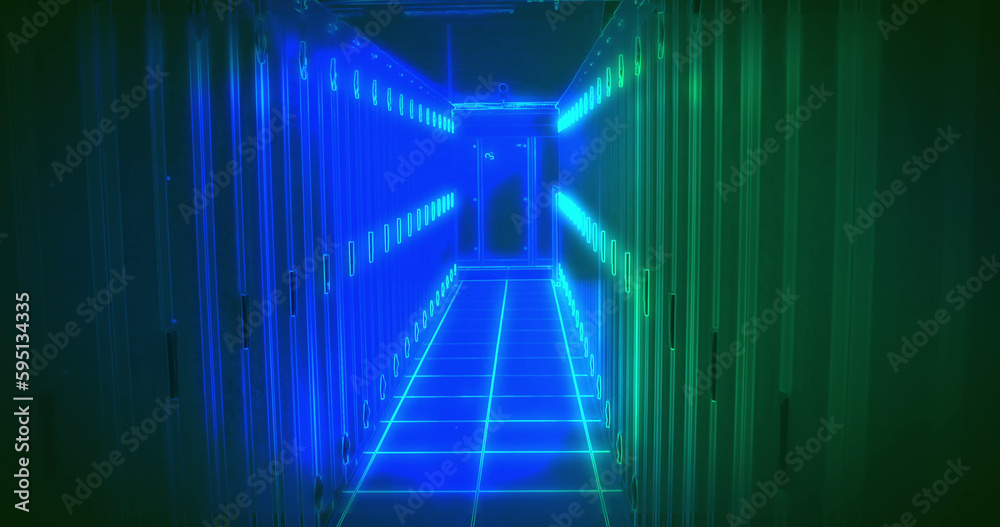Composition of green and blue light over server room Composition of green and blue light over server room