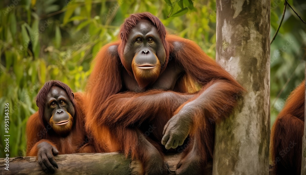 Bunch of Orangutan on a tree branch in a jungle ai, ai generative, illustration Bunch of Orangutan on a tree branch in a jungle ai, ai generative, illustration
