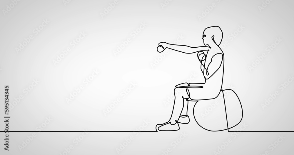 Composition of drawing line with woman lifting weights on white background