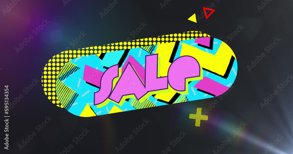 Composition of colorful sale text over light trails on black background