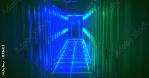 Composition of green and blue light over server room