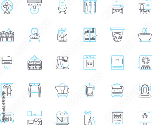 Decor boutique linear icons set. Charming, Elegant, Stylish, Unique, Luxurious, Sophisticated, Rustic line vector and concept signs. Artistic,Vibrant,Contemporary outline illustrations