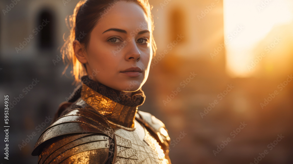 A woman in a gold armor stands in front of a sunset. A beautiful young warrior in golden armor. Generative AI A woman in a gold armor stands in front of a sunset. A beautiful young warrior in golden armor. Generative AI