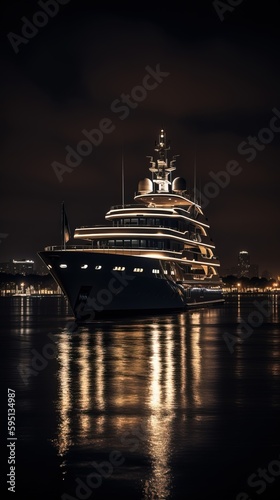 Superyacht on the water at night. Large and luxurious pleasure vessel. Generative AI. © Kai Alves