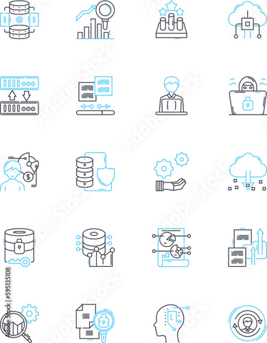 Information storage linear icons set. Archive, Backup, Binary, Cloud, Compression, Data, Digital line vector and concept signs. Drive,Encryption,File outline illustrations