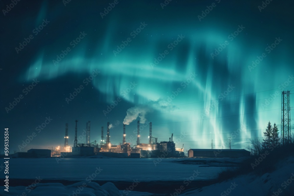 beautiful northern lights over an illuminated factory created with Generative AI technology