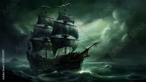 An old pirate ship in a storm, ai generative