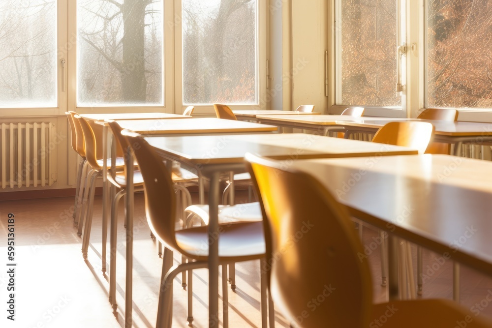 Fototapeta premium Classroom Setup with Desks and Chairs in a Row. Generative AI