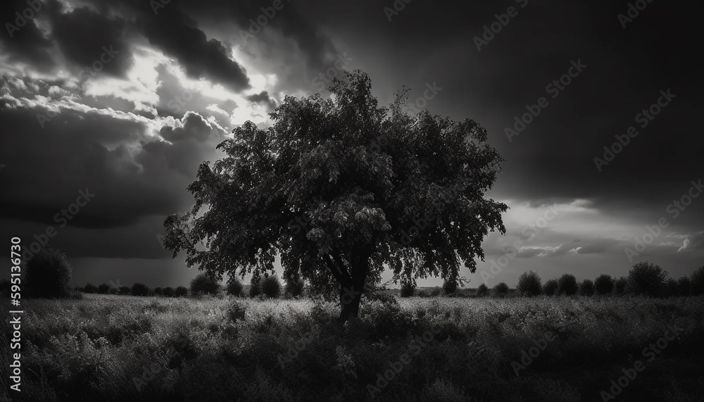 Obraz premium Silhouette of tree against dramatic sky at dusk generated by AI