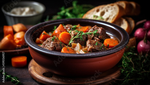 Braised beef stew with fresh vegetables and herbs generated by AI