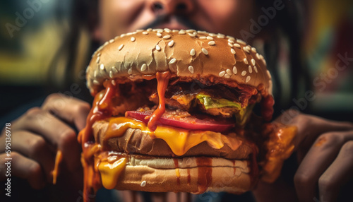 Grilled cheeseburger and fries, a classic meal generated by AI