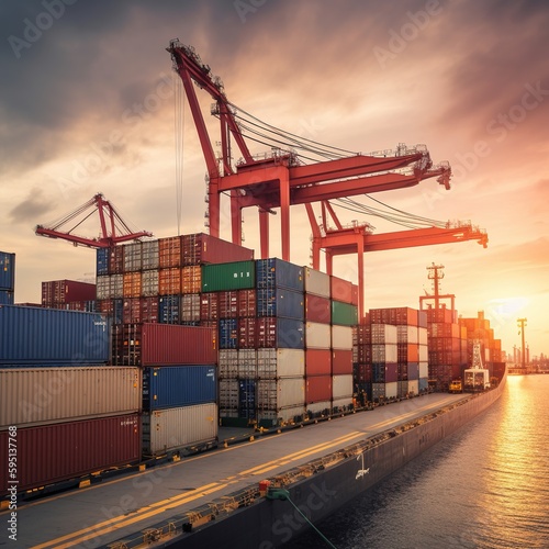 international terminal logistic sea port concept freight shipping, a crane loads cargo containers on container ships.generative ai