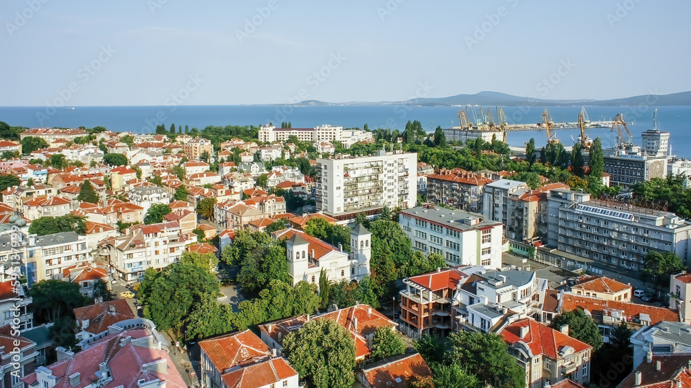 Panoramic aerial view of Burgas city of Bulgaria, an important industrial, transport, cultural and tourist center