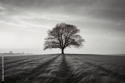 mighty bare tree in open field created with Generative AI technology