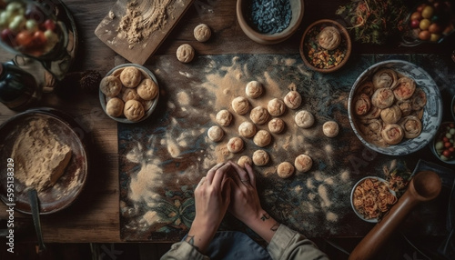 Handmade walnut cookies on rustic wooden table generated by AI